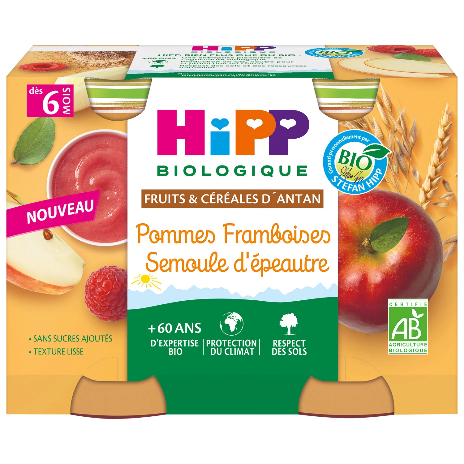 Petit pot Pommes Framboises semoule d'épeautre Bio, 2x190g, HIPP BioLOGIQUE