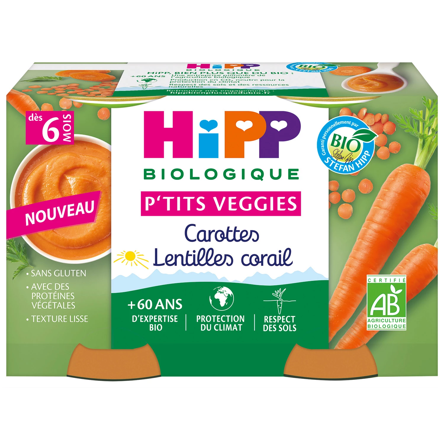 Petits pots p'tits veggies carottes lentilles corail Bio dès 6 mois, 2x125g, HIPP BioLOGIQUE