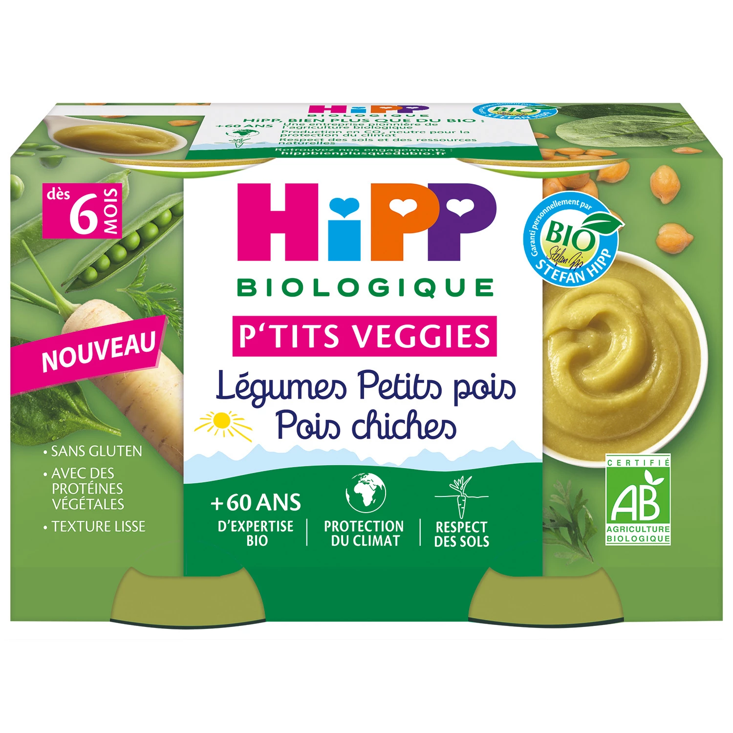 Petits pots p'tits veggies légumes petits pois pois chiches Bio dès 6 mois, 2x125g, HIPP BioLOGIQUE