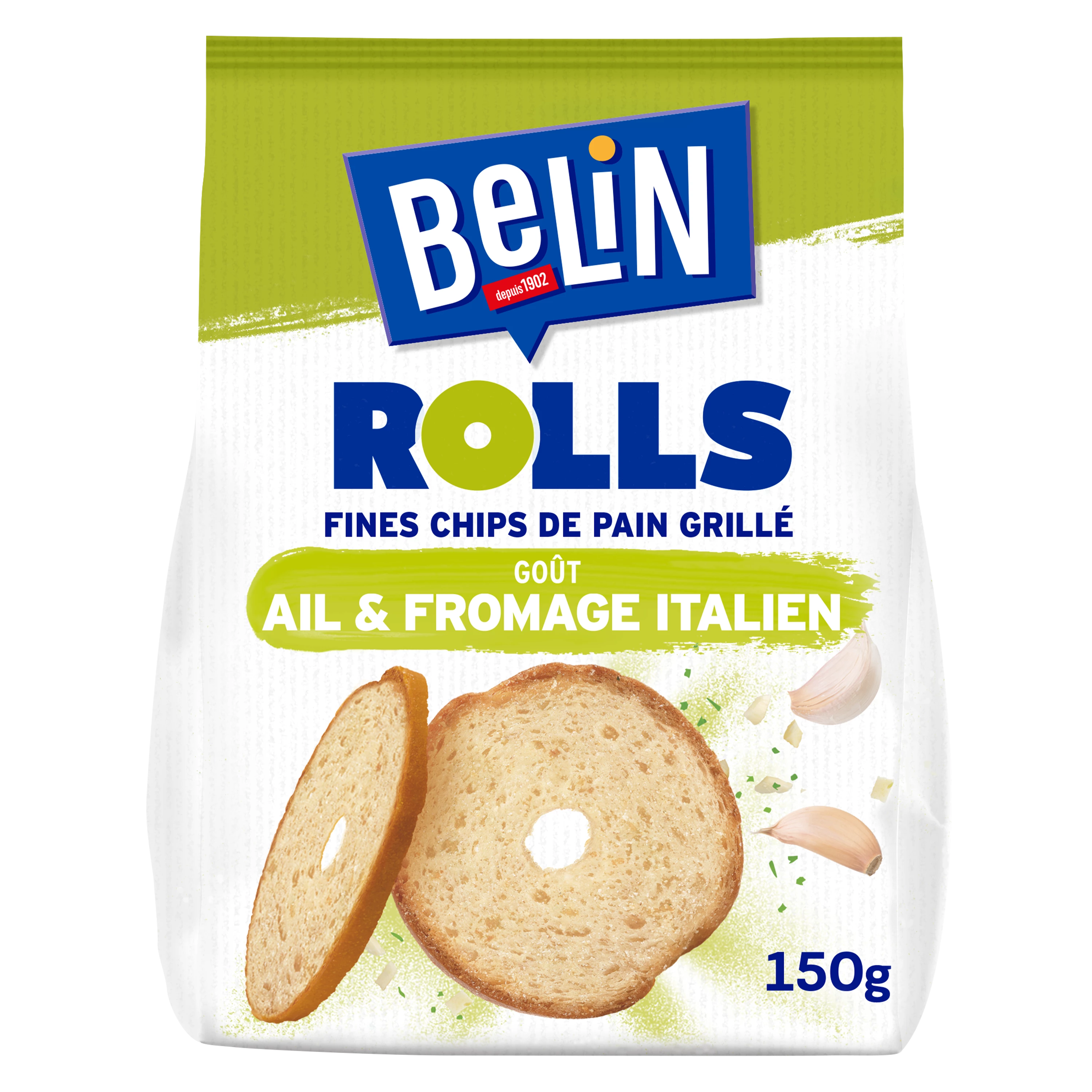 Thin Toasted Bread Chips Rolls Garlic and Italian Cheese Flavor, 150g - BERLIN