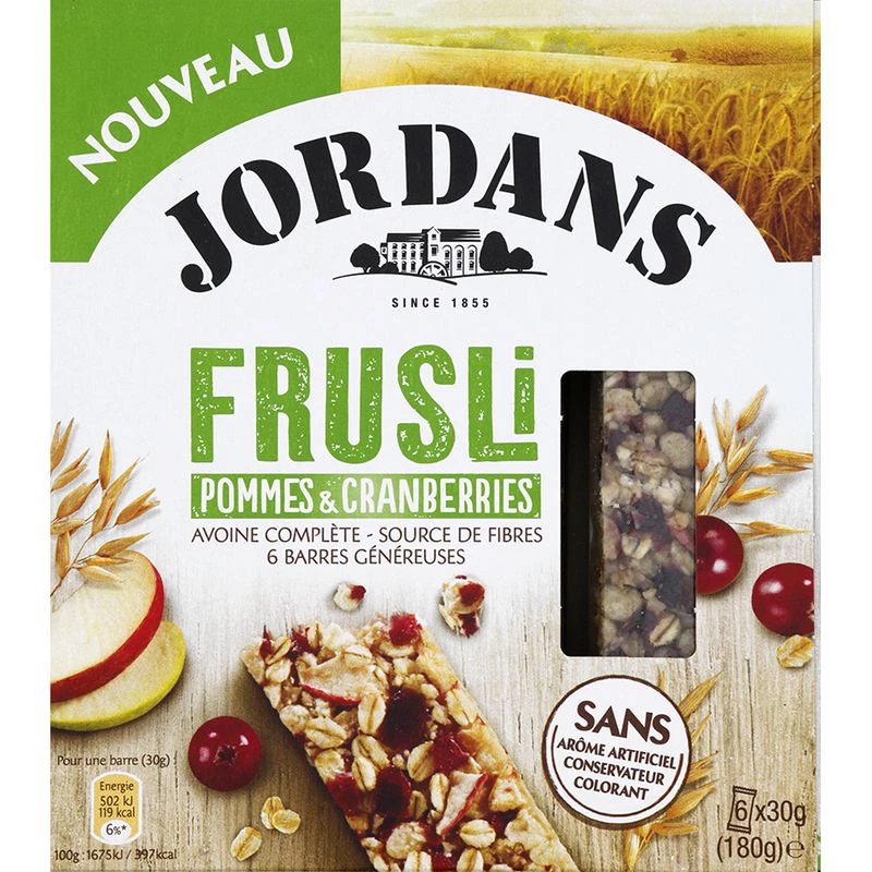 Frusli Apple and Cranberry Cereal Bar, 180g - JORDANS
