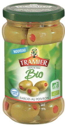 Olives vertes farcies au poivron BIO 150g - TRAMIER