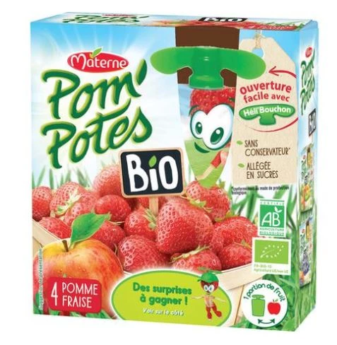 Compotes en gourdes pomme fraise Sans Sucre Ajoutés Bio 4x90g - POM'POTES