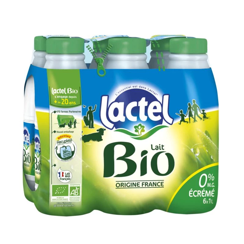 Organic skimmed milk 0% fat 6x1L - LACTEL