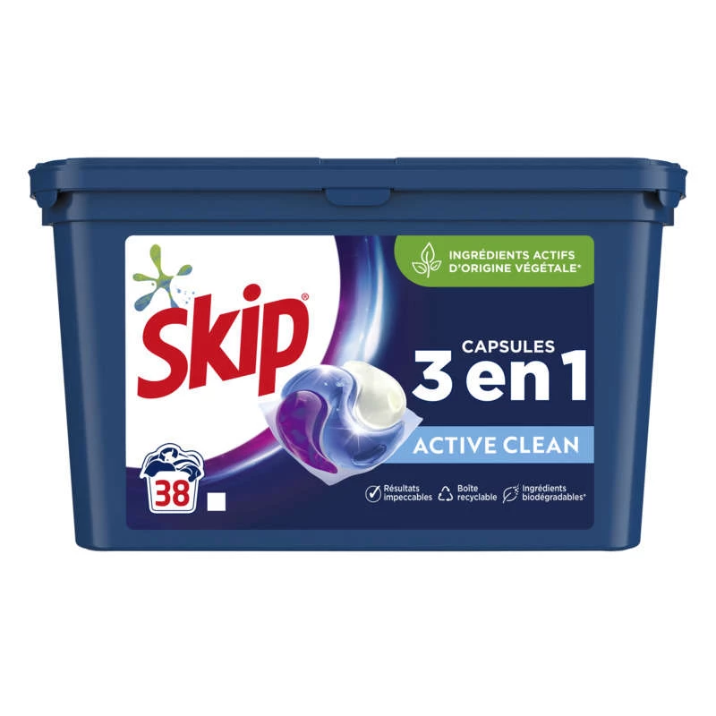 Lessive capsule active clean 3en1 38 capsules - SKIP