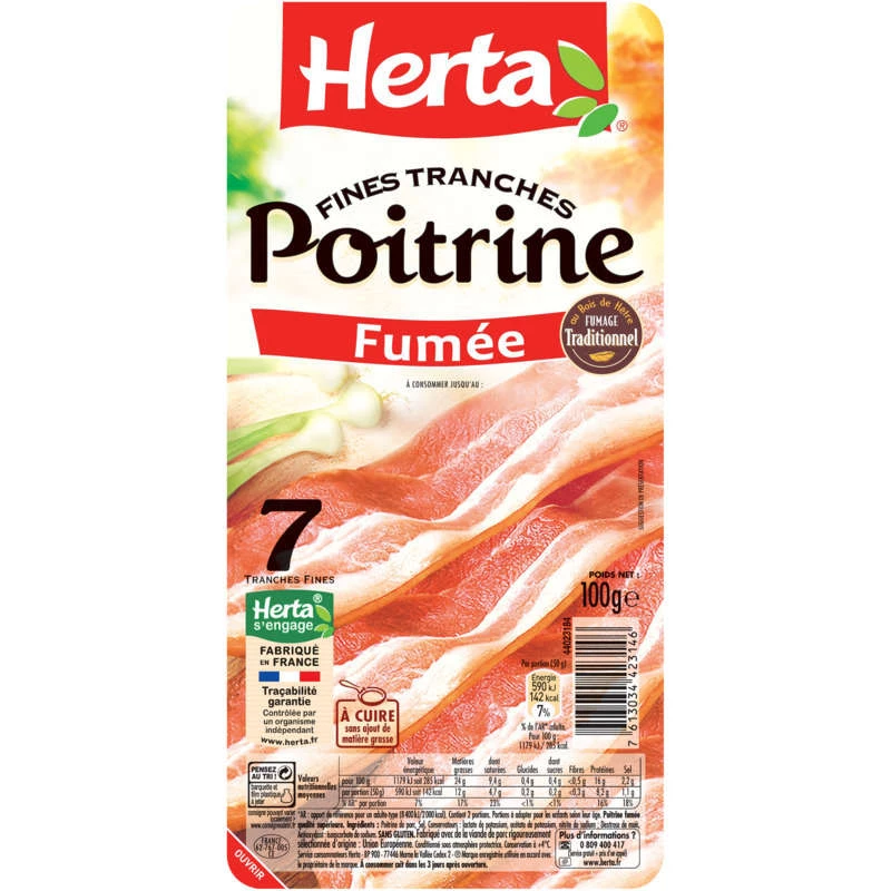 Poitrine Fumée Fines Tranches, 100g - HERTA