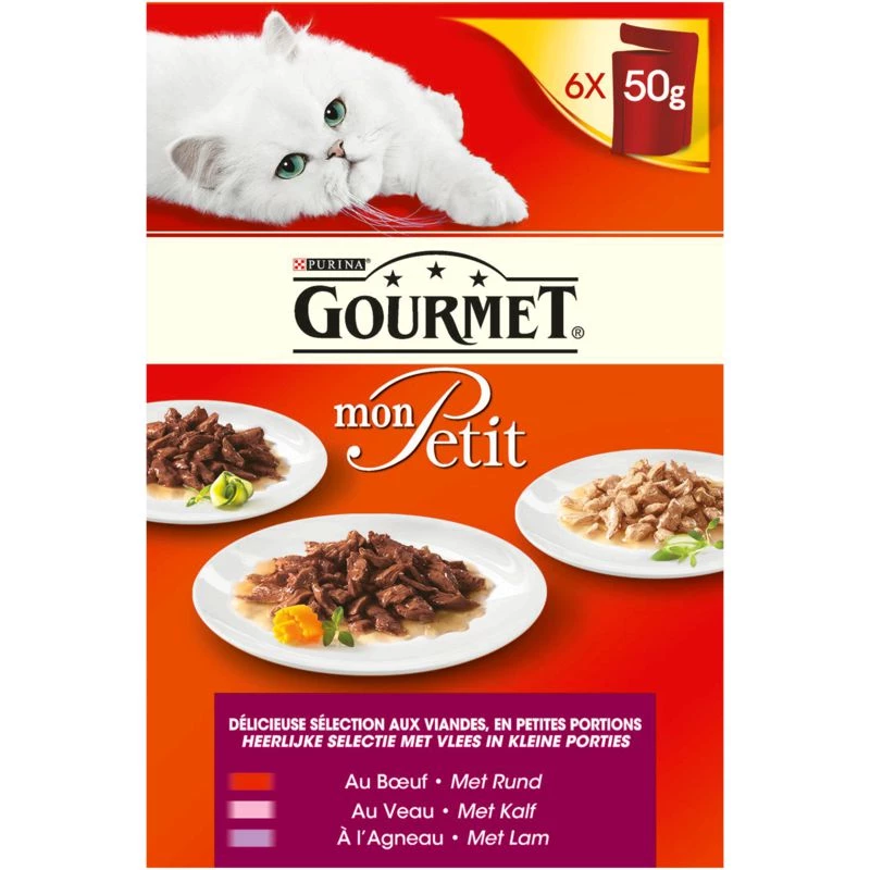 Thức ăn cho mèo Mon Petit thịt bò/thịt bê/cừu GOURMET 6x50g - PURINA