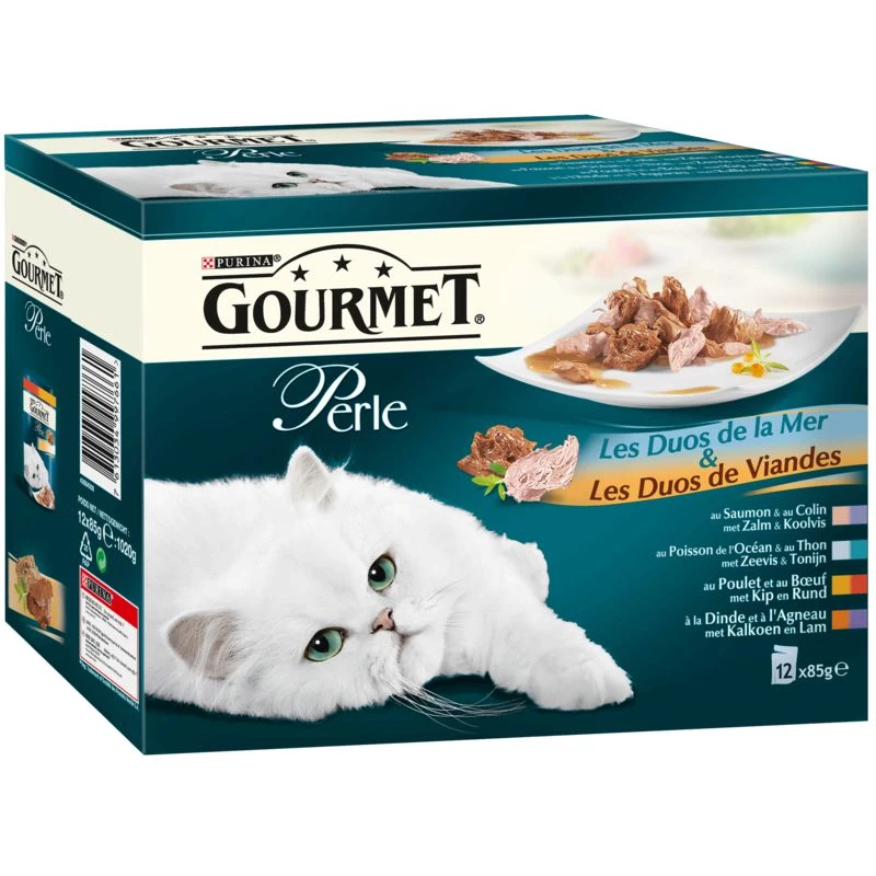 Bộ đôi thức ăn cho mèo biển và thịt Gourmet Perle 12x85g - PURINA