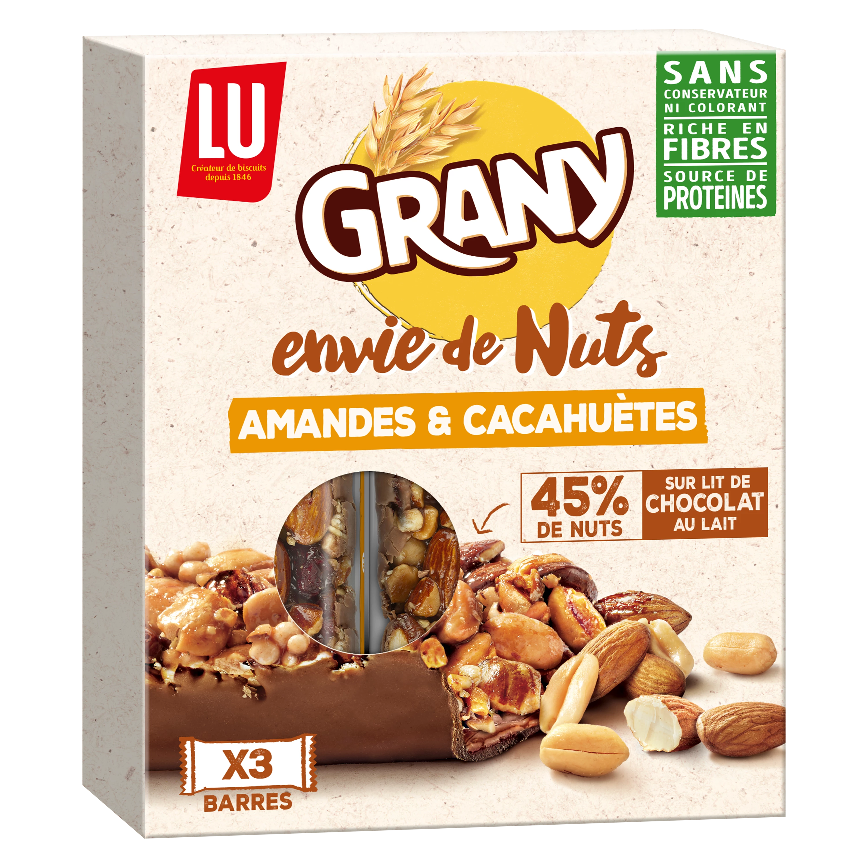 Barres de céréales aux amandes et aux cacahuètes Envie De Nuts Grany  120g - LU