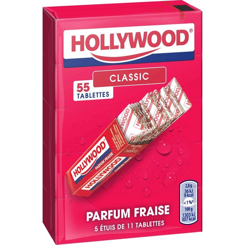 Chewing-Gum Fraise; 5 étuis de 11 tablettes - HOLLYWOOD