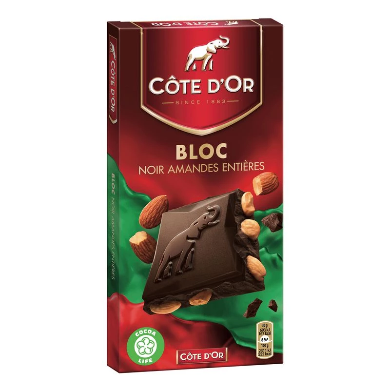 Dark chocolate bar with whole almonds 180g - COTE D'OR
