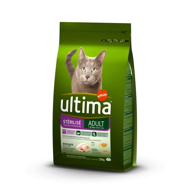 Croquetes para gatos esterilizados com frango 1,5kg - ULTIMA