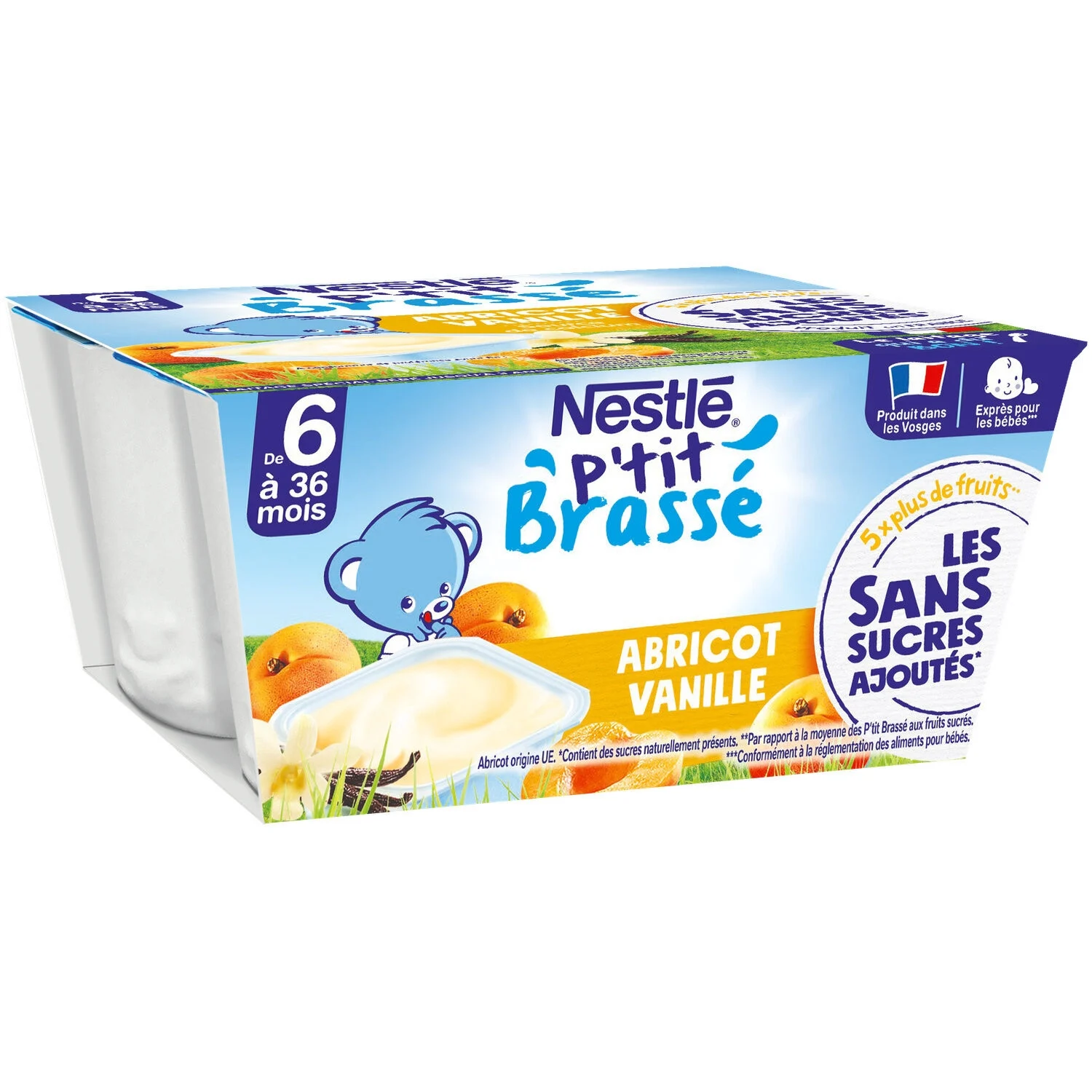 P'tit Brassé Yaourt abricot vanille sans sucres ajoutés 4x90g - NESTLE