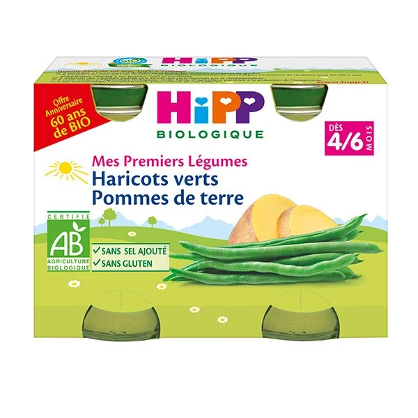 Petits pots haricots verts & pommes de terre BIO dès 4/6 mois 2x125g - HIPP