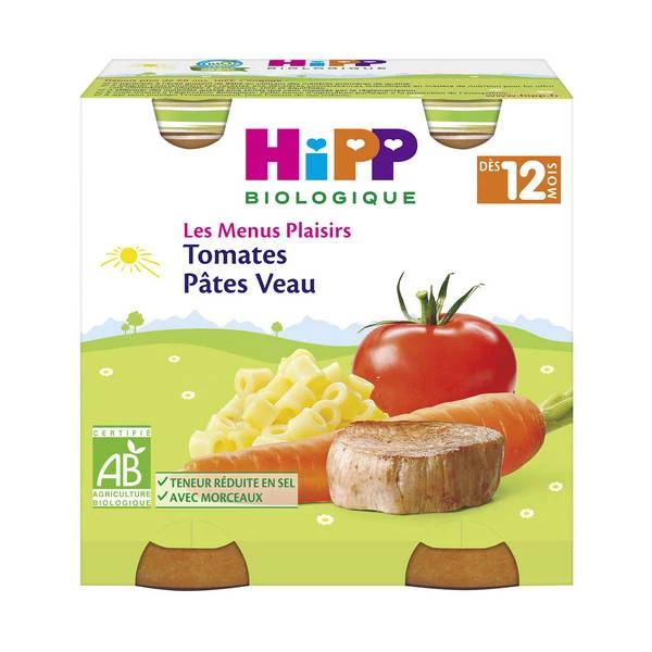 Petits pots BIO tomates/ pâtes/ veau BIO dès 12mois 2x250g - HIPP