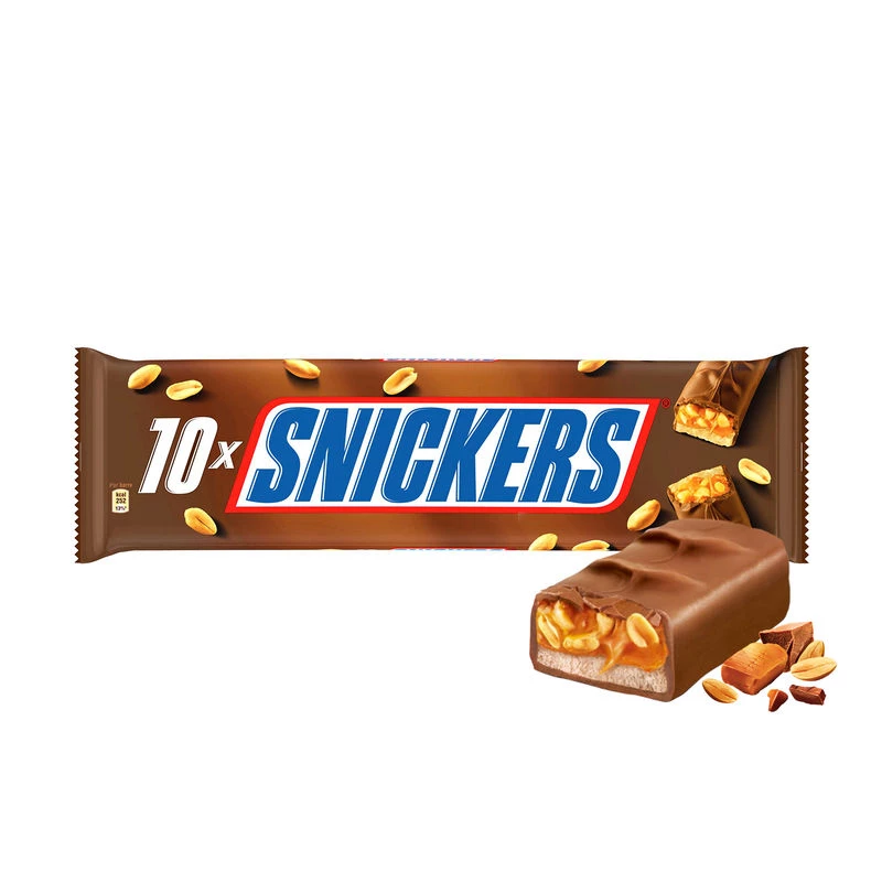 Barres chocolatées fourrées cacahuètes et caramel SNICKERS : les 10 barres  de 50g - 500g à Prix Carrefour