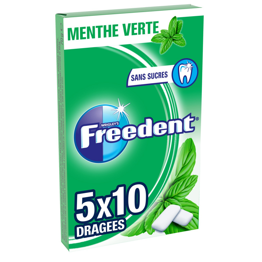 Green Mint Chewing Gum Without Sugar; 5x10 sugared almonds - FREEDENT