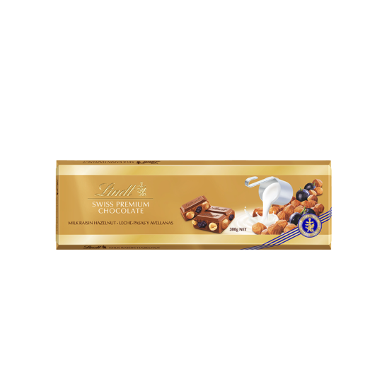 Zwitserse Premium Chocolademelk Hazelnoten Rozijnen Reep 300g - LINDT