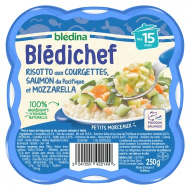 Món risotto cho bé từ 15 tháng với bí ngòi; Cá hồi Thái Bình Dương & Mozzarella Blédichef khay 250g - BLÉDINA