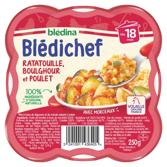 Món ăn cho bé từ 18 tháng ratatouille; khay bulgur và gà Blédichef 250g - BLÉDINA