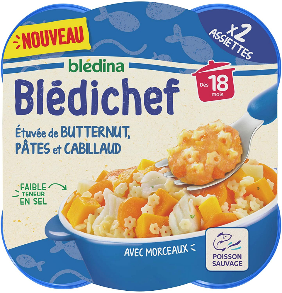 Món ăn cho bé từ 18 tháng hấp bơ và cá tuyết Blédichef 2x250g - BLÉDINA