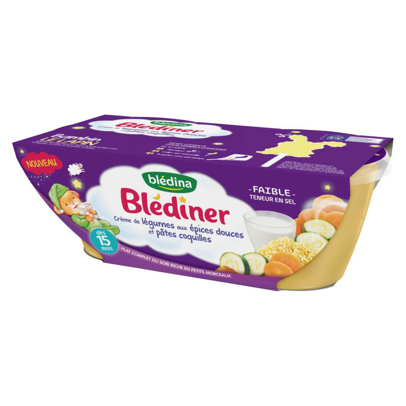 ブレディナー 15か月からのベビーディナーディッシュ、スパイシーな野菜クリームとシェルパスタ 2x200g - BLEDINA