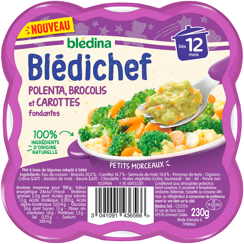 Meals for babies from 12 months Blédichef Polenta; tender broccoli and  carrots 230g - BLEDINA wholesaler