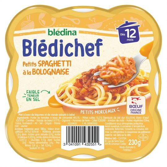 12ヵ月からの離乳食 小さめのスパゲッティ ボロネーゼ ブレディシェフ 230g - BLÉDINA