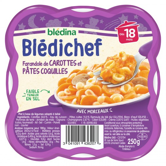 Món ăn cho bé từ 18 tháng farandole cà rốt và mì ống vỏ Blédichef 2x200g - BLÉDINA