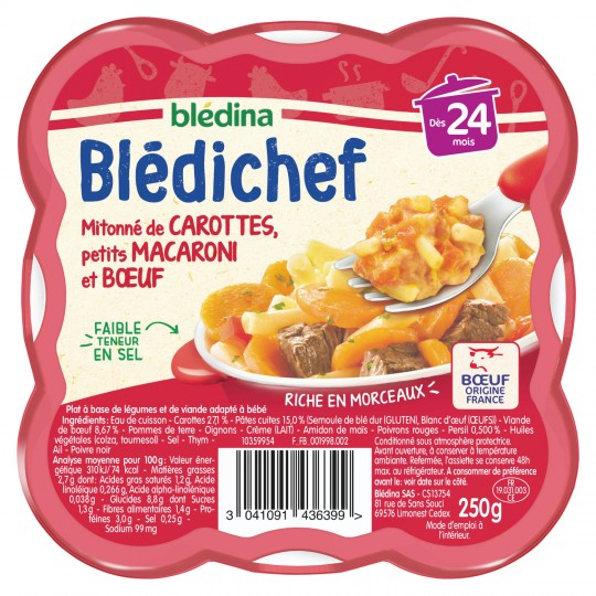Món ăn cho bé từ 24 tháng nấu cà rốt; mì ống bò nhỏ Blédichef 250g - BLEDINA