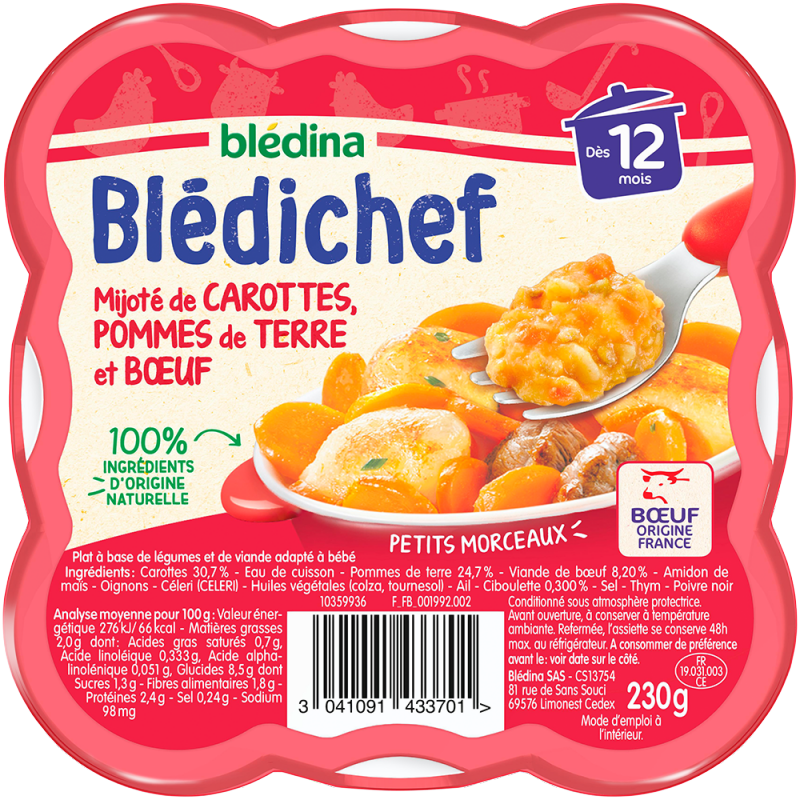 Blédina Blédichef Carottes, Pommes De Terre Et Bœuf Dès 12 Mois Assiette  230 G - DRH MARKET Sarl