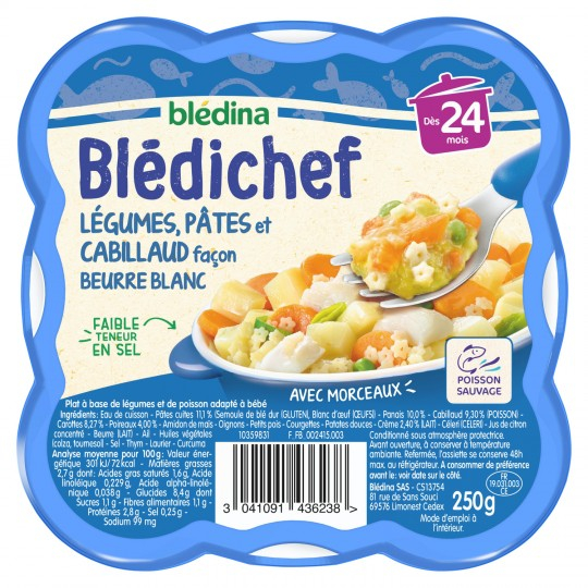 Món rau củ cho bé 24 tháng; mì ống và cá tuyết kiểu bơ trắng Blédichef, khay 250g - BLÉDINA