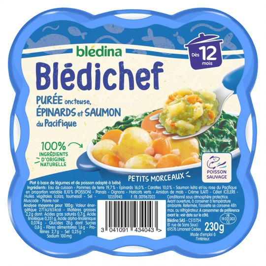 Món kem xay nhuyễn cho bé từ 12 tháng tuổi; khay đựng rau chân vịt và cá hồi Blédichef 230g - BLÉDINA