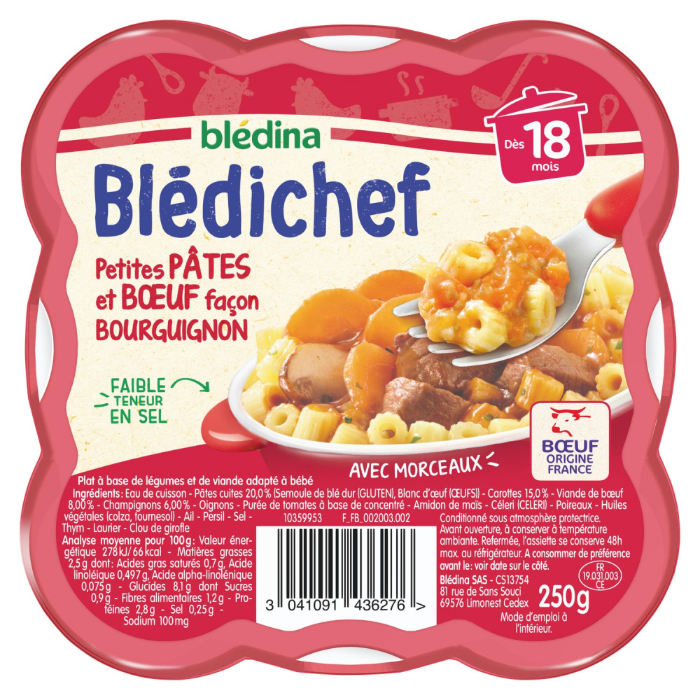 Đĩa ăn cho bé từ 18 tháng mì ống nhỏ và thịt bò kiểu Burgundy khay Blédichef 250g - BLÉDINA
